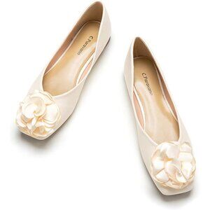 Women's Square Slip On Satin White Rubber Sole Flower Flats Ballet Shoes